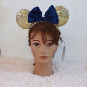 SOLD Disney Parks NWT 50th Anniversary Gold Sequin Blue Bow Minnie Ears Headband
